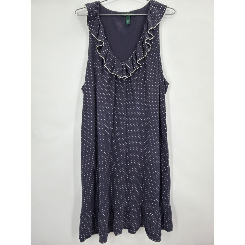 Lauren Ralph Lauren Navy Blue Polka Dot Ruffle V-Neck Cotton Dress XL
